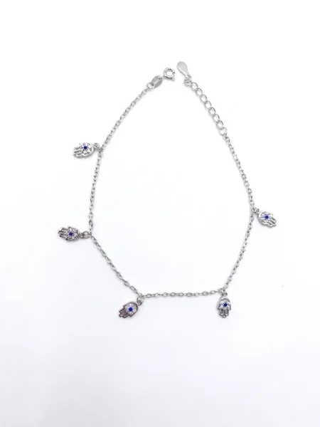 Silver Hamsa Hand & Evil Eye Charm Anklet