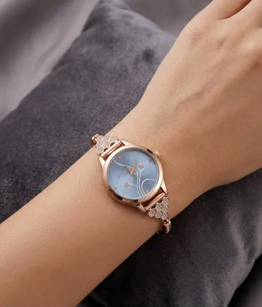 REQA Rose Gold-Toned & Light Blue Dial Floral Motif Watch