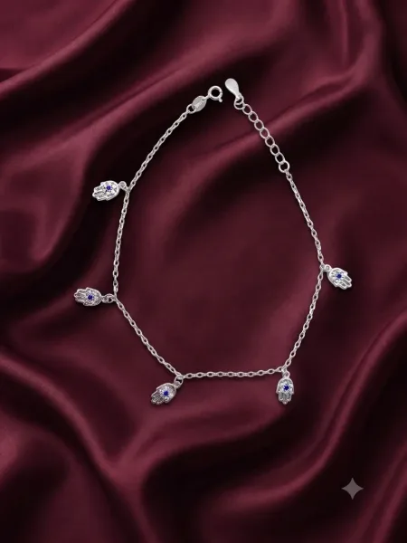 Silver Hamsa Hand & Evil Eye Charm Anklet