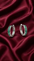 Silver Leaf & Green Stone Mini Hoops