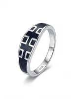 Silver Black Enamel Cross Pattern Band Ring