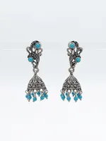 Antique-Finish Oxidized Silver Turquoise Jhumka Earrings