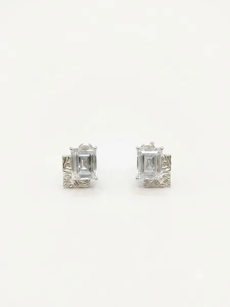 Emerald-Cut Solitaire Textured Silver Stud Earrings