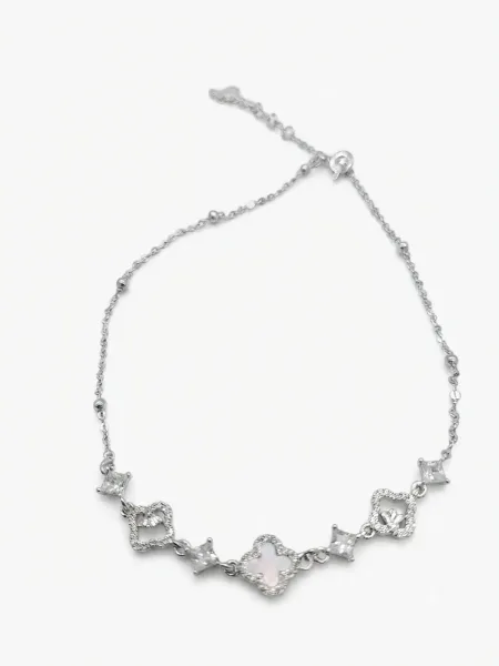Floral Crystal Silver Anklet