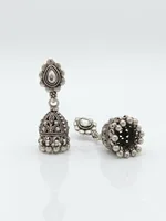 Oxidized Silver-Plated Kundan-Studded Bell Jhumka Earrings