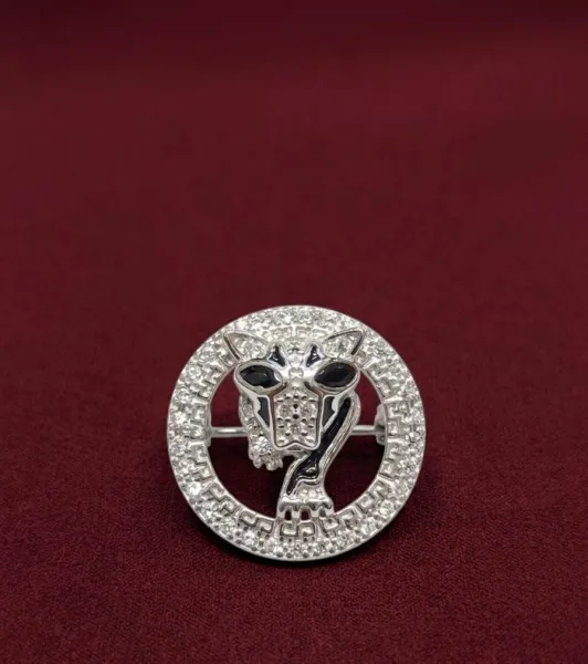Silver Panther Head Circular Crystal Brooch Pin