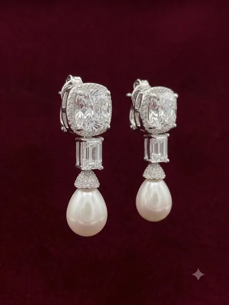 Vintage Glamour Cushion-Cut Solitaire & Teardrop Pearl Drop Earrings