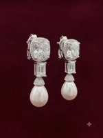 Vintage Glamour Cushion-Cut Solitaire & Teardrop Pearl Drop Earrings