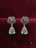 Oxidized Silver Marcasite Floral Jhumka Earrings with Turquoise & Pearl Drops