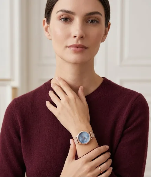 REQA Rose Gold-Toned & Light Blue Dial Floral Motif Watch
