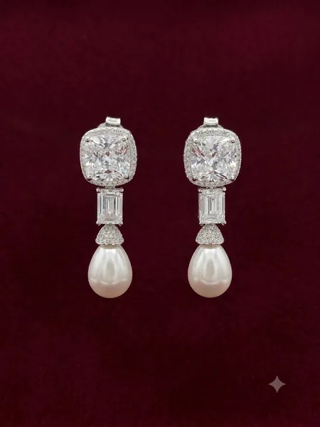 Vintage Glamour Cushion-Cut Solitaire & Teardrop Pearl Drop Earrings