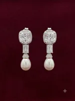Vintage Glamour Cushion-Cut Solitaire & Teardrop Pearl Drop Earrings