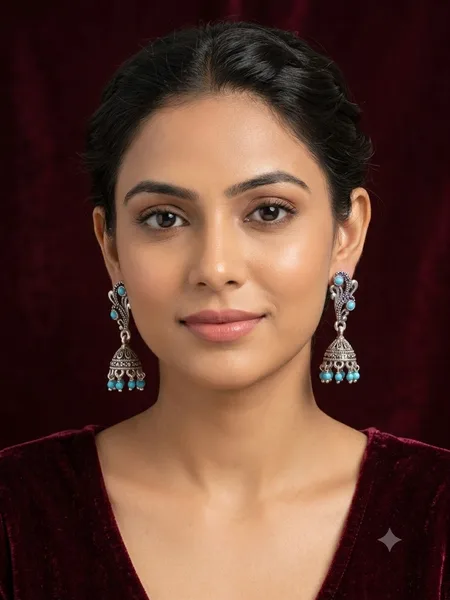 Antique-Finish Oxidized Silver Turquoise Jhumka Earrings