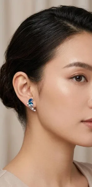 Azure Bloom Diamond Ear Climbers (or Enchanted Peacock Wing Studs)