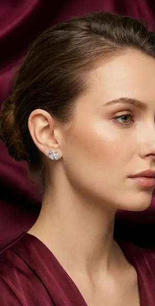 Floral Heart Diamond Stud Earrings in White Gold