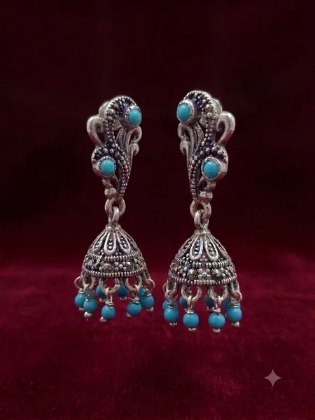 Antique-Finish Oxidized Silver Turquoise Jhumka Earrings