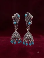 Antique-Finish Oxidized Silver Turquoise Jhumka Earrings