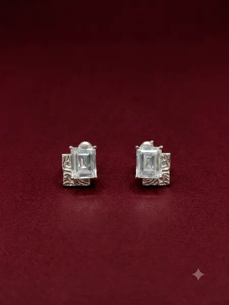 Emerald-Cut Solitaire Textured Silver Stud Earrings