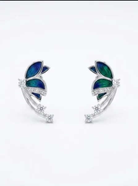 Azure Bloom Diamond Ear Climbers (or Enchanted Peacock Wing Studs)