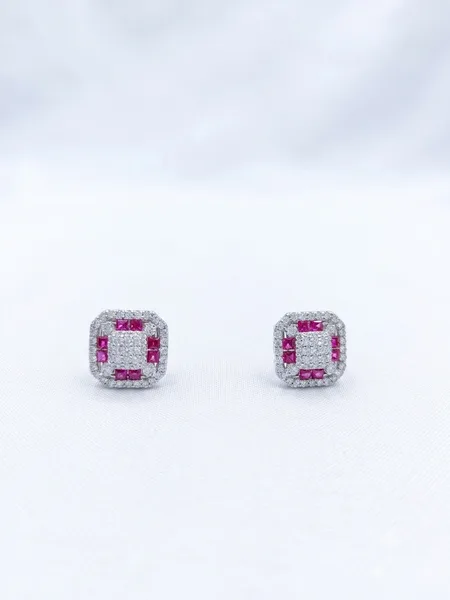 Royal Ruby & Diamond Cushion Halo Stud Earrings