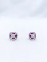 Royal Ruby & Diamond Cushion Halo Stud Earrings