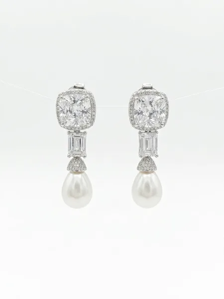 Vintage Glamour Cushion-Cut Solitaire & Teardrop Pearl Drop Earrings