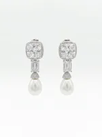 Vintage Glamour Cushion-Cut Solitaire & Teardrop Pearl Drop Earrings