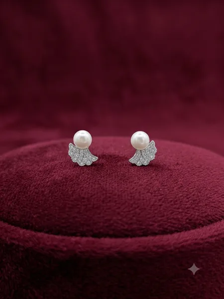 : Pearl & Diamond Fan Stud Earrings