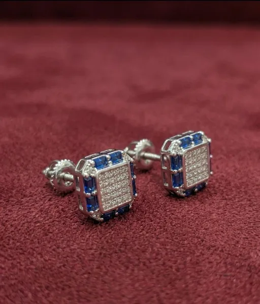 Sapphire & Diamond Halo Square Stud Earrings