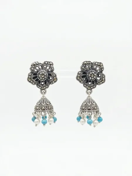 Oxidized Silver Marcasite Floral Jhumka Earrings with Turquoise & Pearl Drops