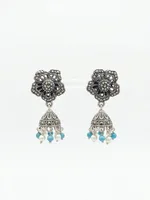 Oxidized Silver Marcasite Floral Jhumka Earrings with Turquoise & Pearl Drops