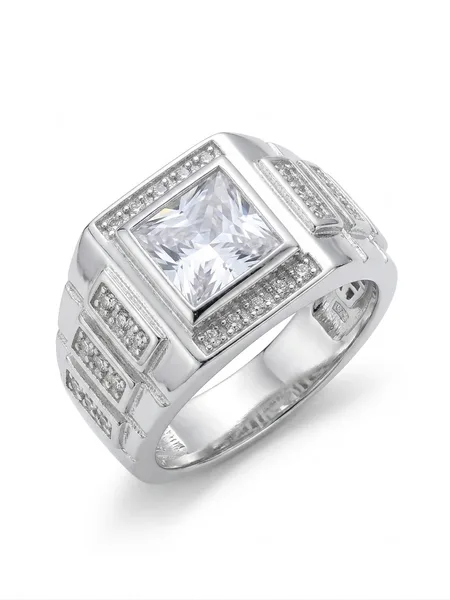 Silver Square CZ Pave Accent Statement Ring