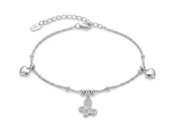 Silver 925 Butterfly & Hearts Charm Anklet