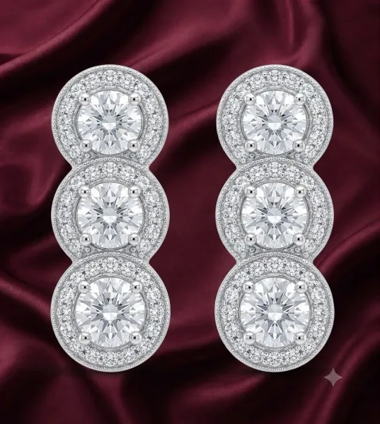 Three-Stone Halo Drop Earrings