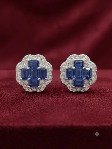 Royal Blue Sapphire & Diamond Cluster Stud Earrings