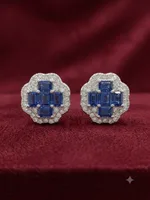 Royal Blue Sapphire & Diamond Cluster Stud Earrings