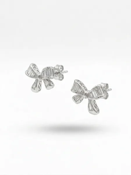 Baguette Diamond Ribbon Bow Stud Earrings
