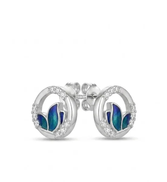 Enchanted Flora Enamel Earrings (Silver & Ocean Blue)