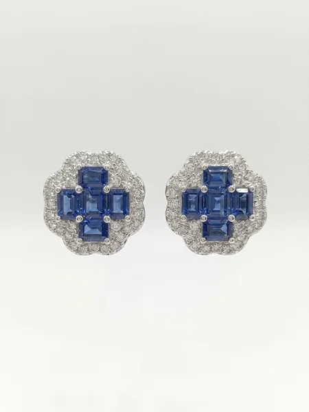 Royal Blue Sapphire & Diamond Cluster Stud Earrings