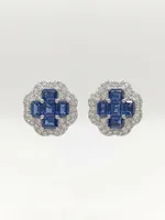 Royal Blue Sapphire & Diamond Cluster Stud Earrings