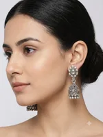 Oxidized Silver-Plated Kundan-Studded Bell Jhumka Earrings