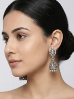 Oxidized Silver-Plated Kundan-Studded Bell Jhumka Earrings