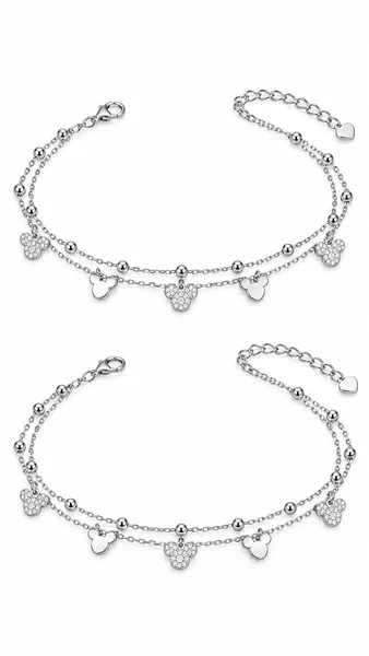 Silver Double-Layer Mickey Charm Anklet