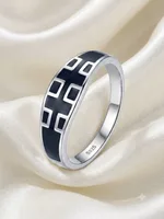 Silver Black Enamel Cross Pattern Band Ring