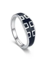 Silver Black Enamel Cross Pattern Band Ring