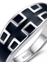 Silver Black Enamel Cross Pattern Band Ring