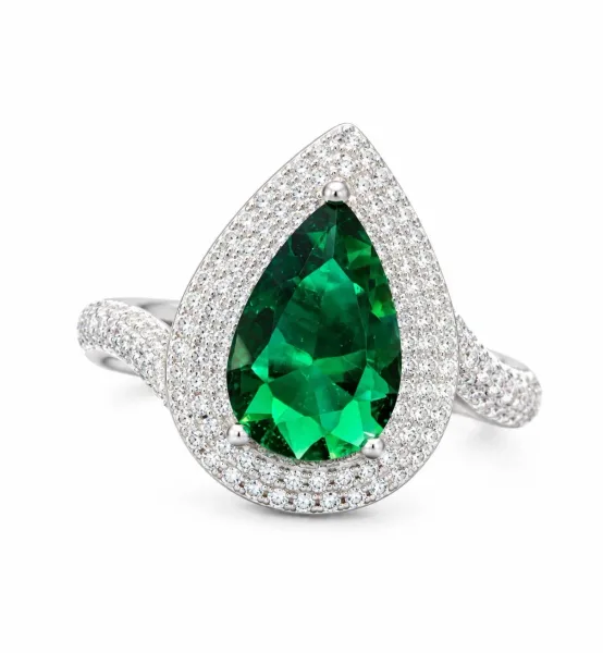 Emerald Teardrop Halo Ring