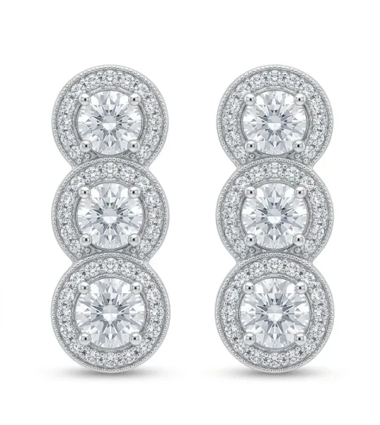 Three-Stone Halo Drop Earrings