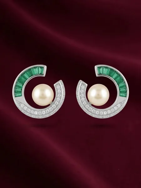 Modern Baguette Emerald and Diamond Pearl Ear Climbers