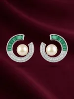 Modern Baguette Emerald and Diamond Pearl Ear Climbers